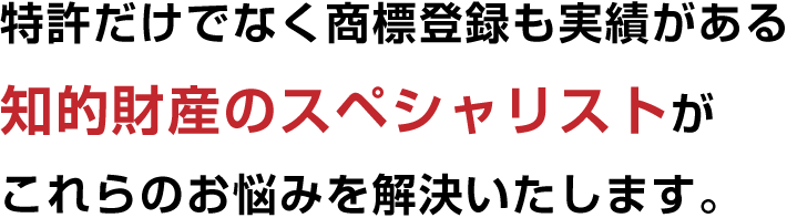 特許だけでなく商標登録も実績がある知的財産のスペシャリストがこれらのお悩みを解決いたします。